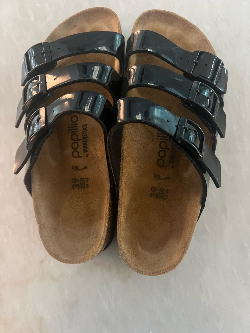 Papillio Black Patent Two-Strap Cork Footbed Sandals